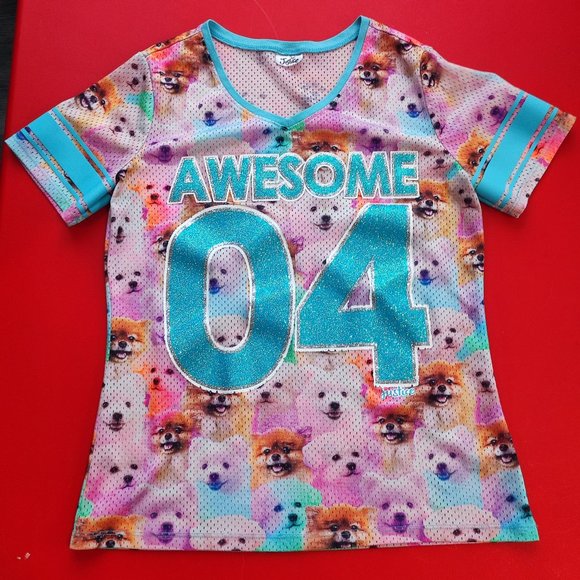 Justice   "Awesome 04" puppy dogs jersey style T-shirt girl size 18 - Picture 1 of 7